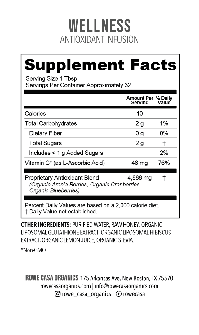 Supplement Facts label for ANTIOXIDANT INFUSION, available in 16 oz: Regular. Highlights serving size, calorie count, sugars, vitamin C content, and a blend including organic berries (with aronia), honey, and liposomal glutathione. Company contact information and social media links appear at the bottom.