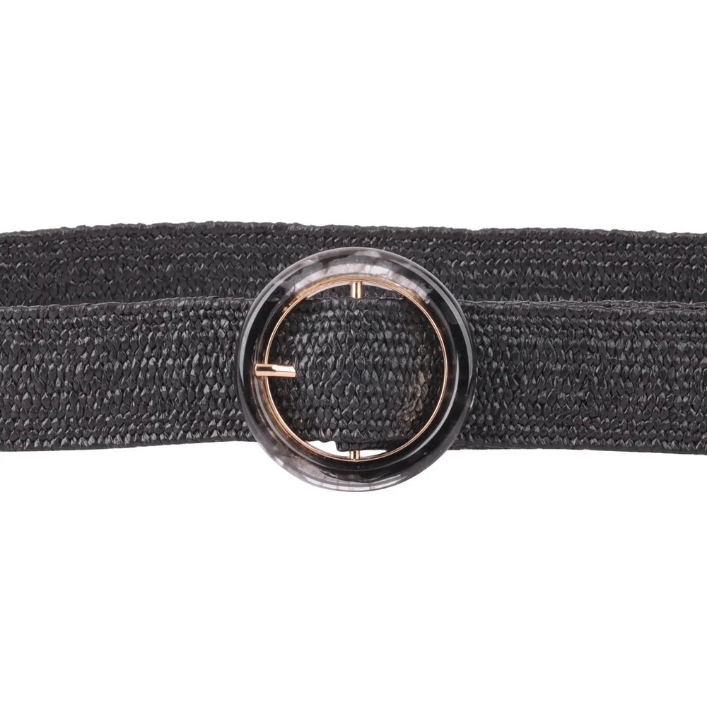 Black textured stretch belt with large glossy acrylic circle buckle; available in S, M, L.