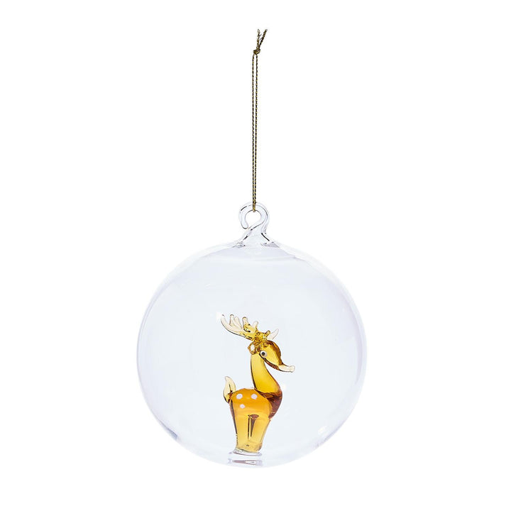 Amber-colored glass deer figurine inside a clear glass ball ornament.