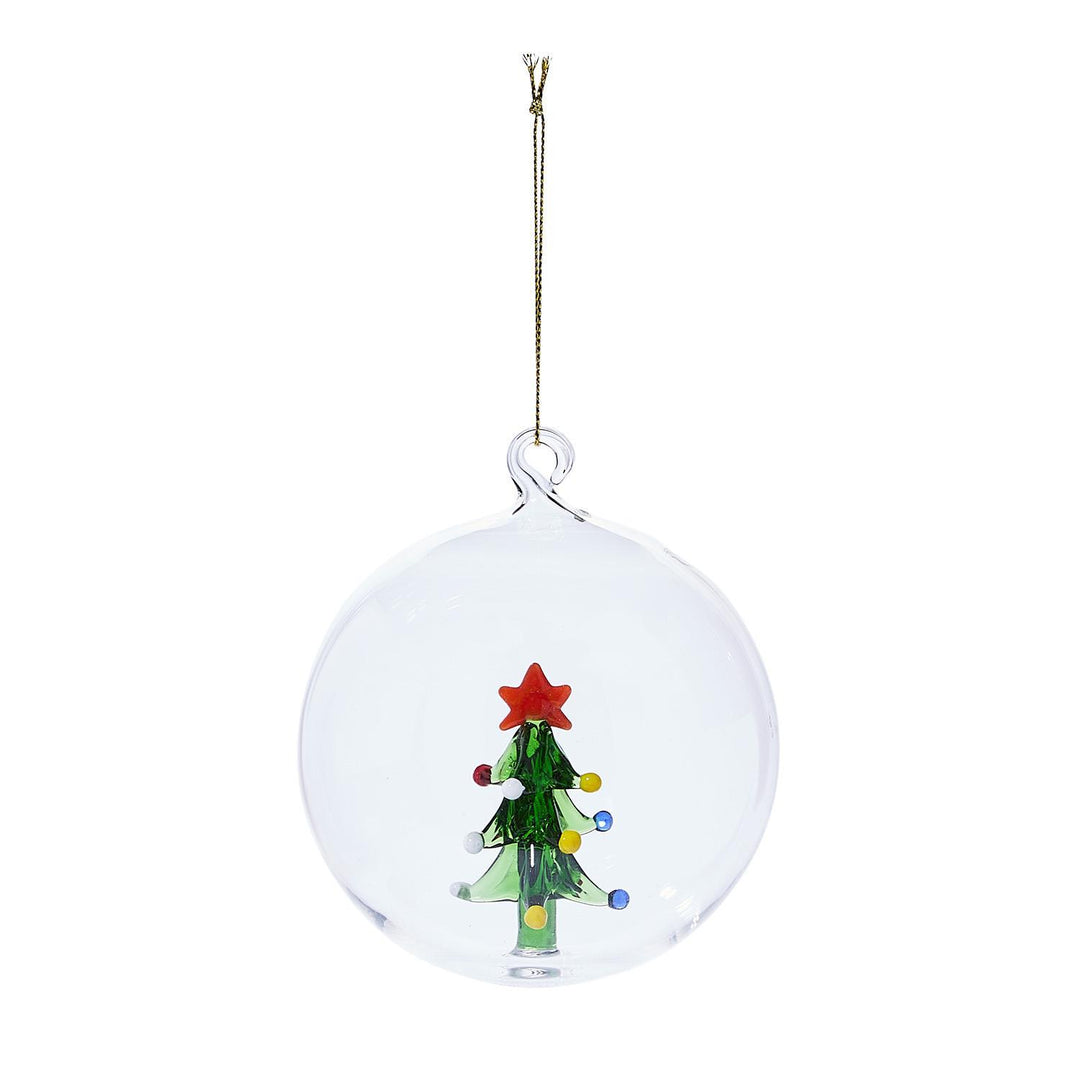 Artisan ornament: clear glass globe with miniature green glass Christmas tree, red star topper, and multicolored bead ornaments.