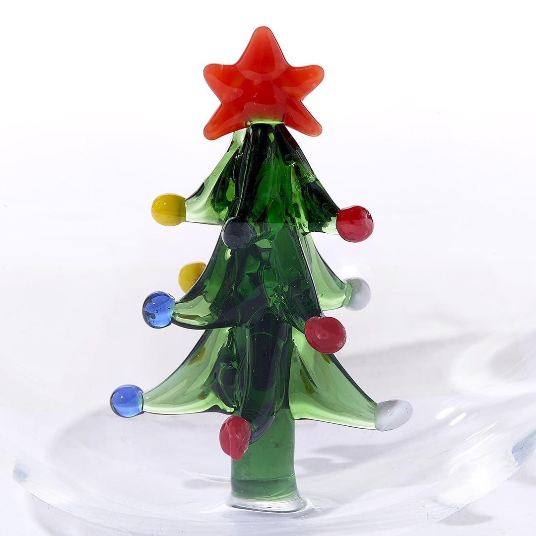Artisan Ornament, a handcrafted glass Christmas tree with red star topper and multicolored sphere decorations. Available in multiple sizes.