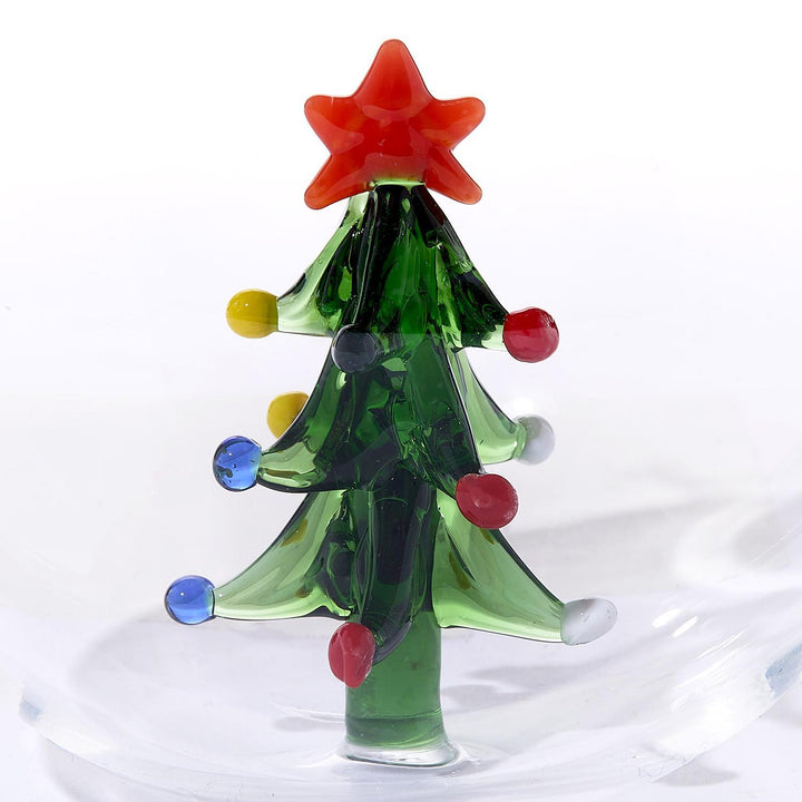 Artisan Ornament, a handcrafted glass Christmas tree with red star topper and multicolored sphere decorations. Available in multiple sizes.