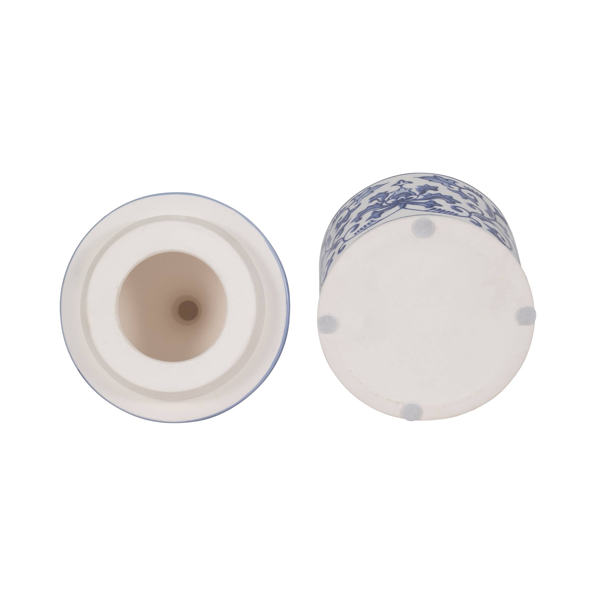 Blue Ceramic Plumeria Chinoiserie Pagoda Candle, 9 Oz size, shown from the bottom with a hollow interior.