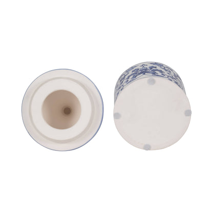 Blue Ceramic Plumeria Chinoiserie Pagoda Candle, 9 Oz size, shown from the bottom with a hollow interior.