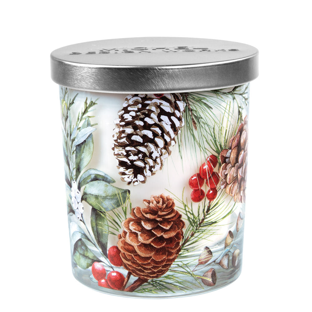 White Spruce decorative glass candle with silver lid, pinecone, holly, and needle print. Available in multiple sizes.
