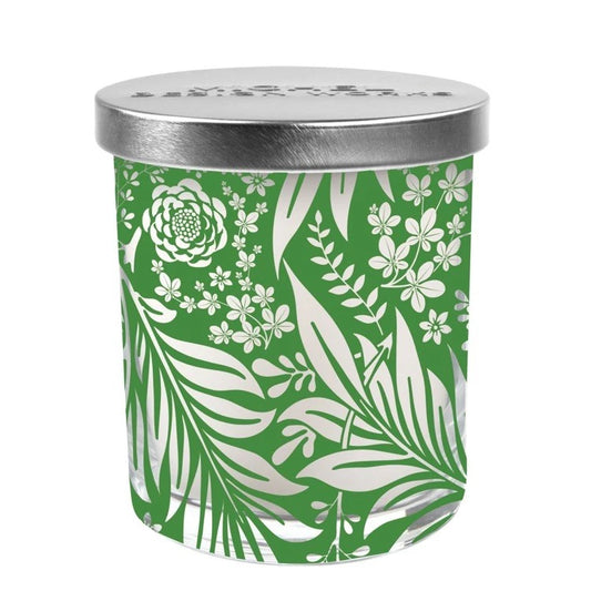 Clear glass candle jar with silver lid and green and white floral patterns. Available in small, medium, and large sizes.