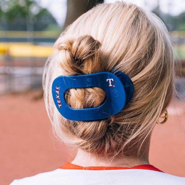 Flat Round Hair Clip | Texas Rangers features team logo and "TEXAS" lettering. Available in small, medium, and large sizes.