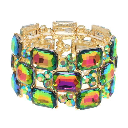 3-Row Rectangle Cut Crystal Gem Cluster Bracelet: Blue