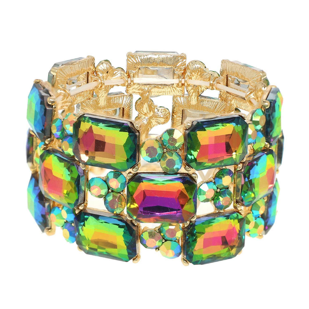 Gold 3-row bracelet with rectangle multicolored gems and small crystals. Available in sizes S, M, L.