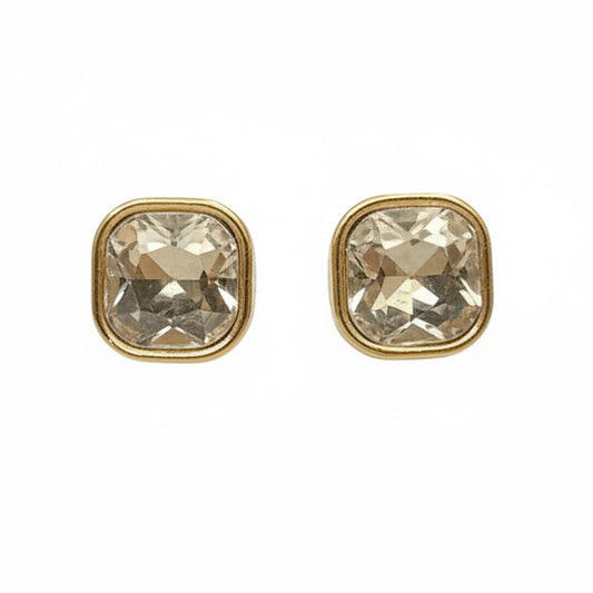 Riot Gold Clear Crystal Statement Stud Earrings with cushion-cut clear crystals and gold borders, available in multiple sizes.
