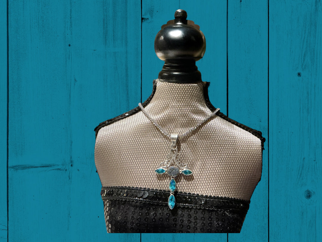 Vintage Sterling Silver Blue Stone Necklace with cross pendant; available in 16", 18", and 20" sizes.