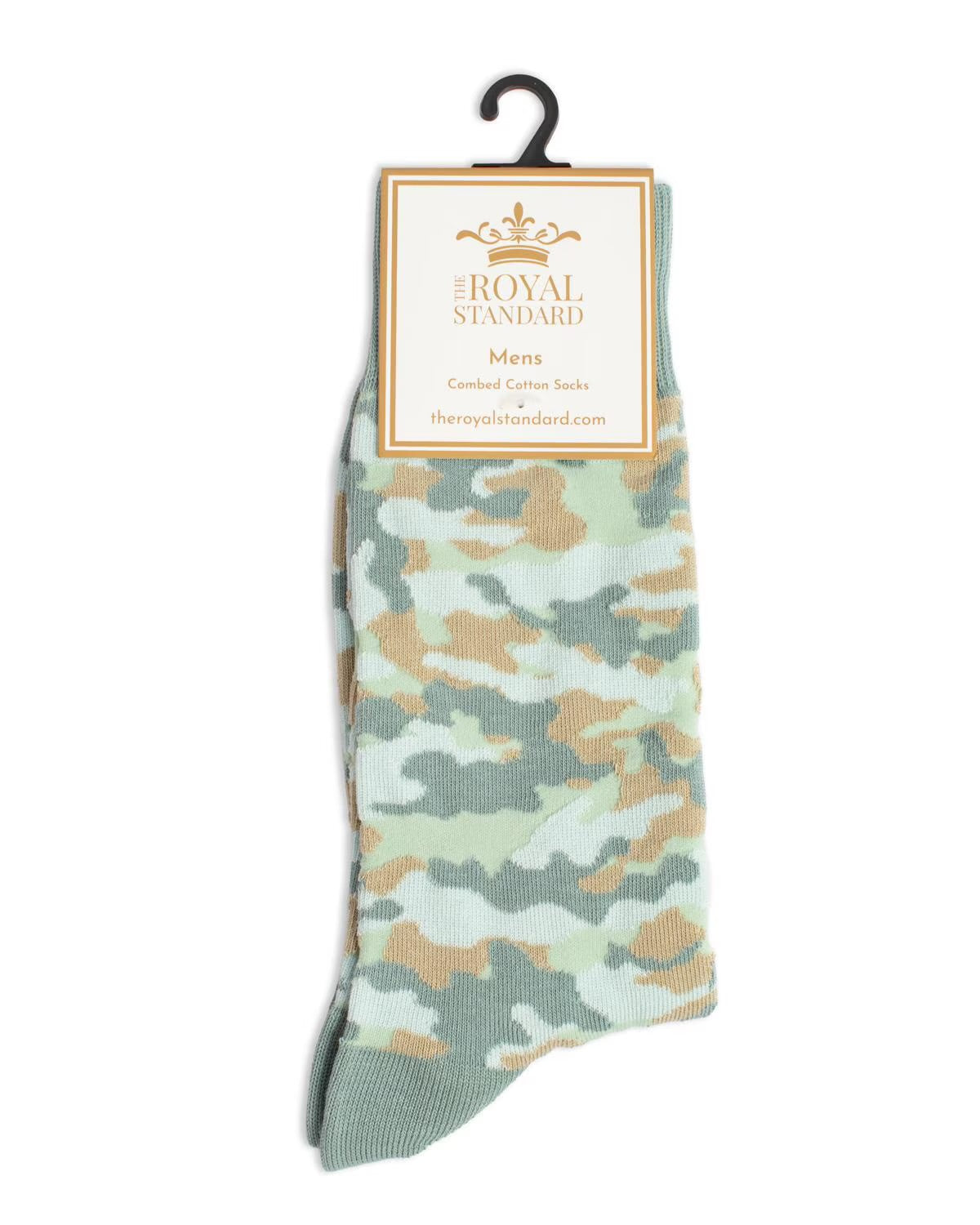 Men’s Blue Camo Socks made from combed cotton with “The Royal Standard” label. Available sizes: M, L, XL.