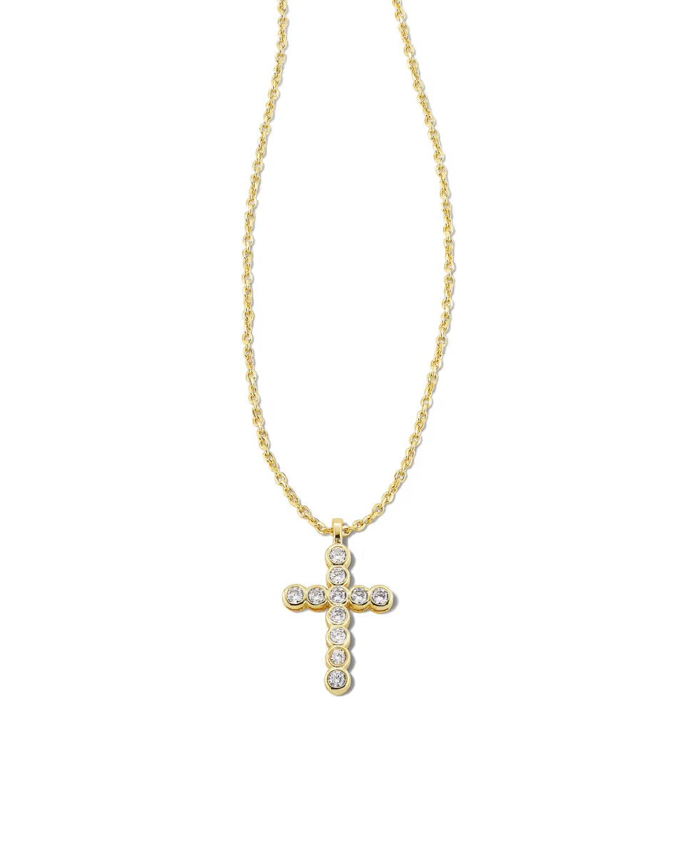 Kendra Scott Cross Pendant Necklace: cross-shaped, white crystals, adjustable chain. Available in 16-18 inch lengths.