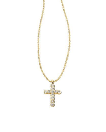Kendra Scott Cross Pendant Necklace: cross-shaped, white crystals, adjustable chain. Available in 16-18 inch lengths.