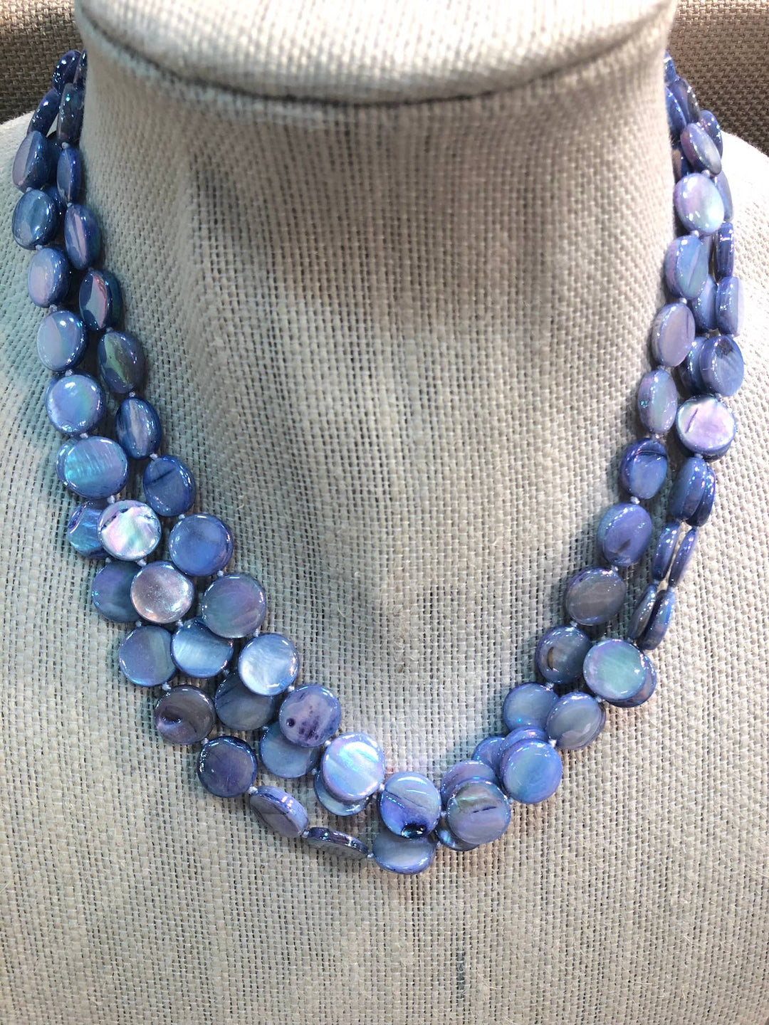 Mother of Pearl 3 Strand Necklace with magnet clasp, iridescent blue beads. Available in 16", 18", and 20" lengths.