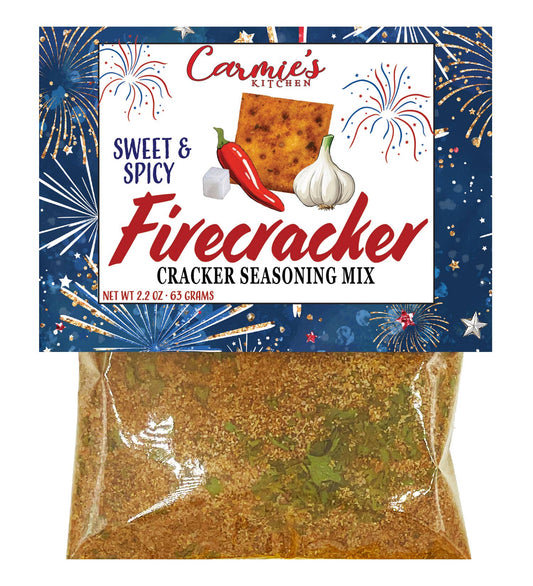 Sweet & Spicy Firecracker Cracker Mix packet with chili, garlic, and fireworks on packaging; available in various sizes.