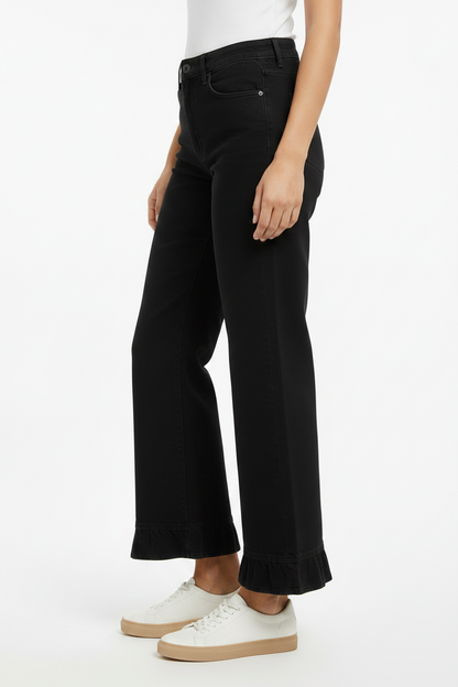 Mineral Washed Ruffle Hem Wide Leg Pants with ruffled hems. Available in sizes S, M, L, XL.