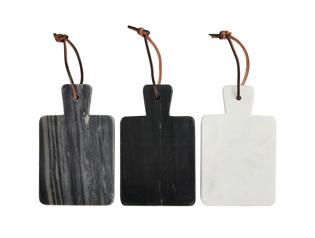 Mini Marble Paddle Boards with handles and leather loops; available in black marble, solid black, or solid white; mini size.