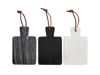 Mini Marble Paddle Boards with handles and leather loops; available in black marble, solid black, or solid white; mini size.
