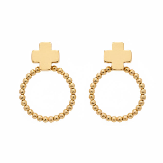 Wade Cross Beaded Hoop Post Earrings: solid gold cross tops with circular gold beaded hoops; available in small, medium, and large sizes.