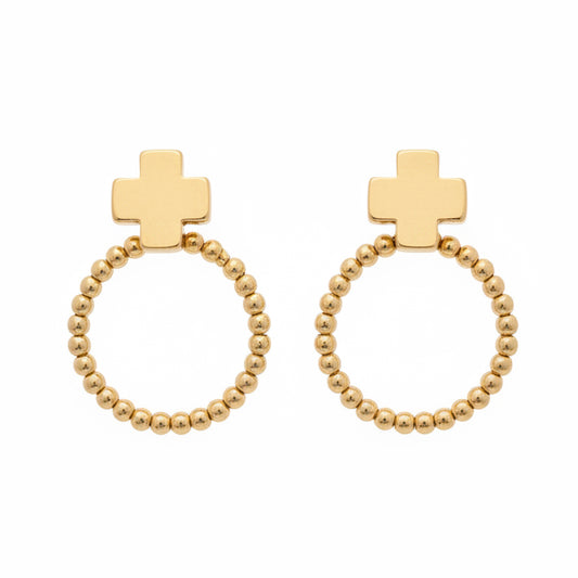 Wade Cross Beaded Hoop Post Earrings: solid gold cross tops with circular gold beaded hoops; available in small, medium, and large sizes.