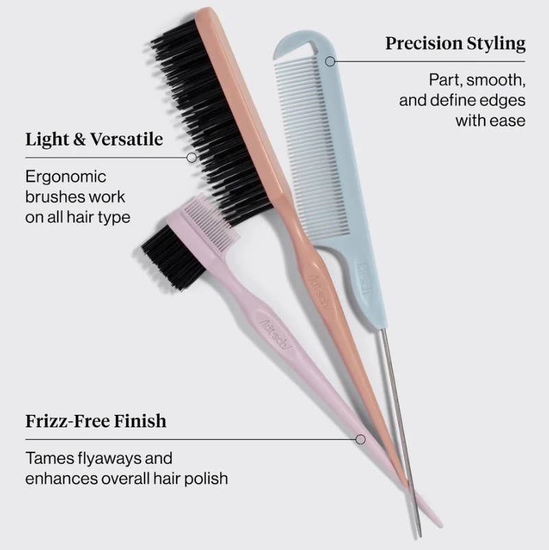 Detail &amp; Define Styling Brush Set including an edge brush, a teasing comb, and a fine-toothed pintail comb.