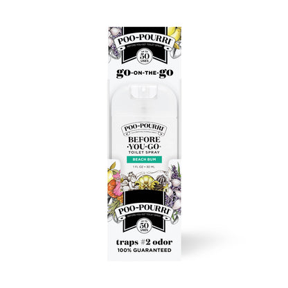 Poo~Pourri 1oz Pocket Sprayer, Beach Bum scent, essential oils, odor-trapping formula, white floral travel packaging.