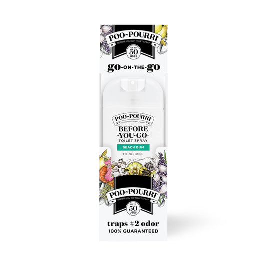 Poo~Pourri 1oz Pocket Sprayer, Beach Bum scent, essential oils, odor-trapping formula, white floral travel packaging.