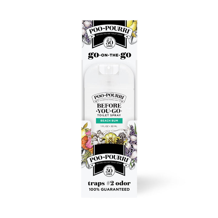 Poo~Pourri 1oz Pocket Sprayer, Beach Bum scent, essential oils, odor-trapping formula, white floral travel packaging.