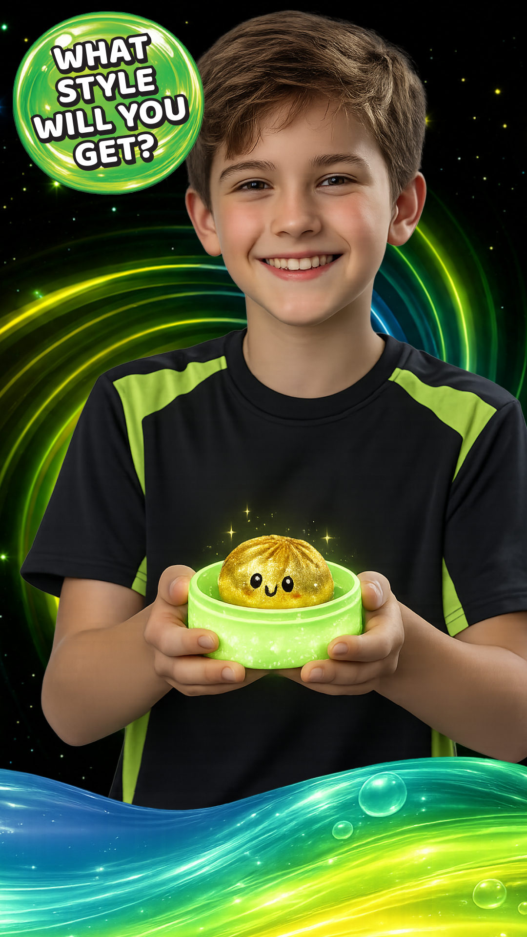 Glow-in-the-Dark Mystery Dumpling Squishy Toy in green, featuring a sparkling golden, smiling character inside. Available in multiple sizes.
