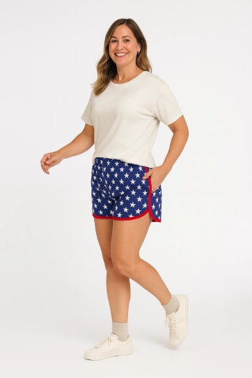 Go-Getter Shorts in Navy Stars, available in sizes XS–XL.