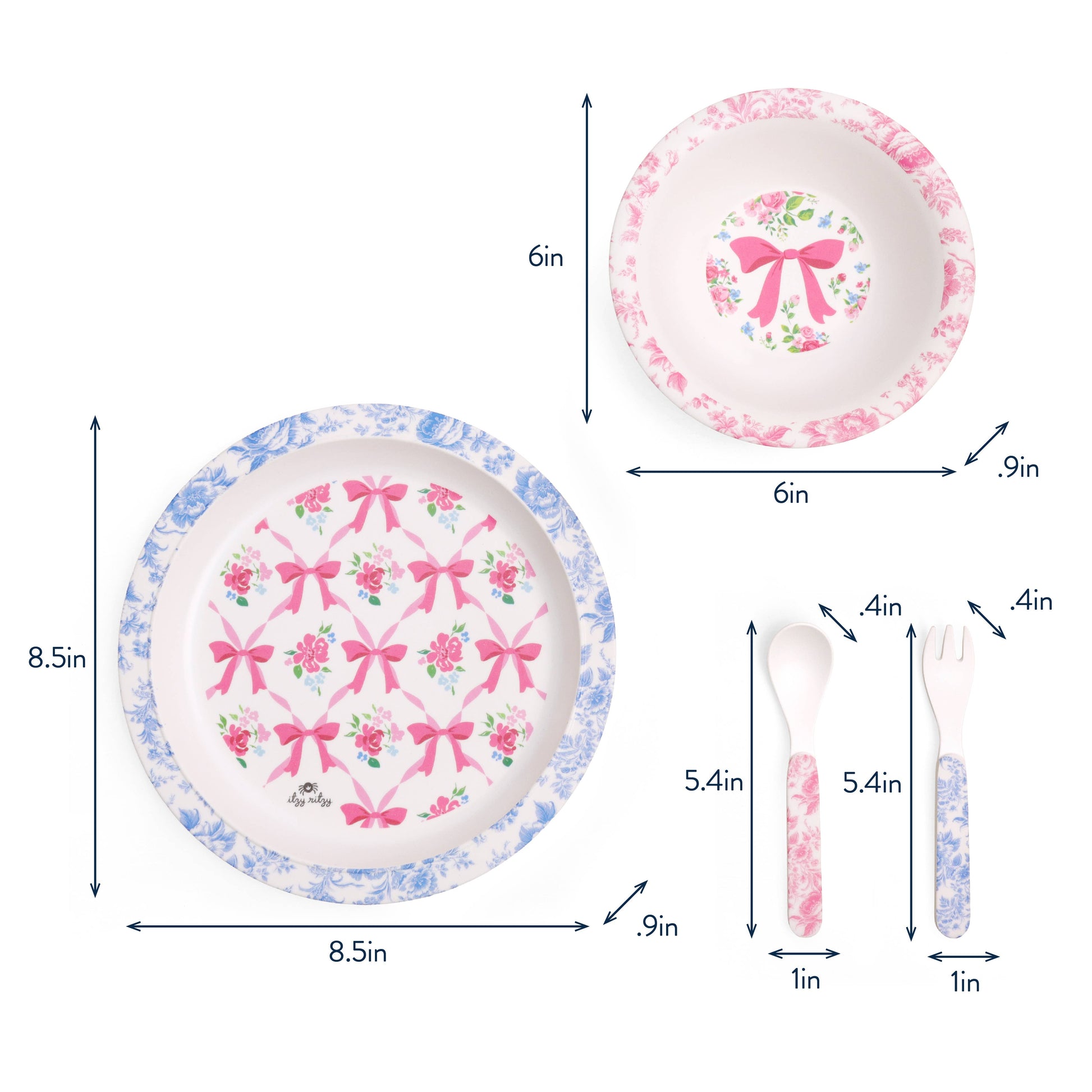 Itzy Bistro™ 4-piece set: 8.5" blue plate, 6" pink plate, BPA-free spoon and fork (5.4") with pink floral handles.