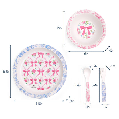 Itzy Bistro™ 4-piece set: 8.5" blue plate, 6" pink plate, BPA-free spoon and fork (5.4") with pink floral handles.