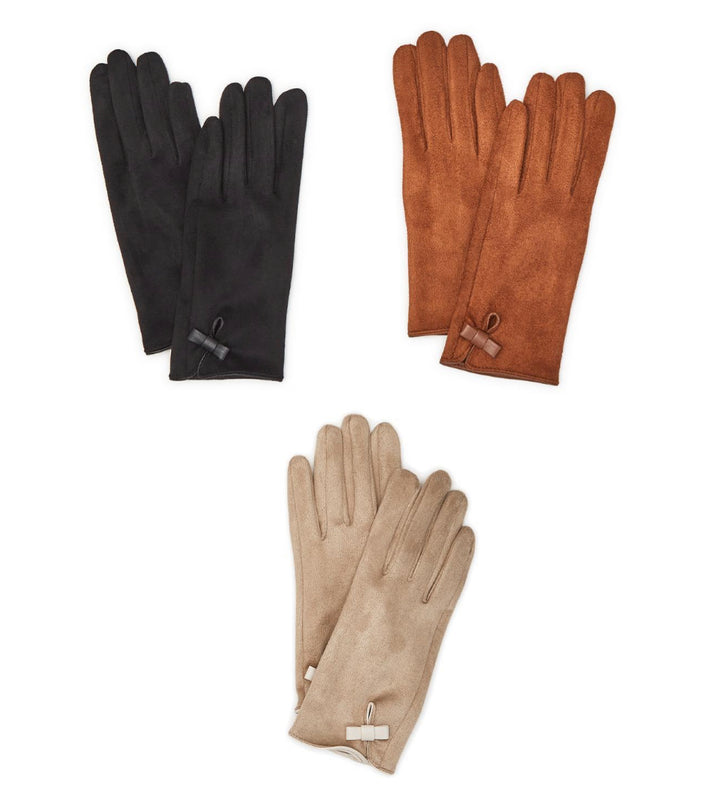 Micro Suede with Vegan Leather Bow Gloves in black, brown, and beige, small bow at wrist, touchscreen; Sizes: S, M, L.