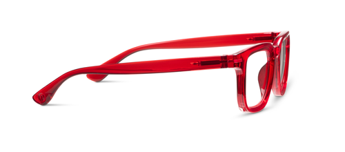Tangerine - Red eyeglasses with transparent, rectangular thick plastic frames, anti-reflective coating. Sizes: S/M/L.