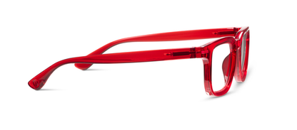 Tangerine - Red eyeglasses with transparent, rectangular thick plastic frames, anti-reflective coating. Sizes: S/M/L.