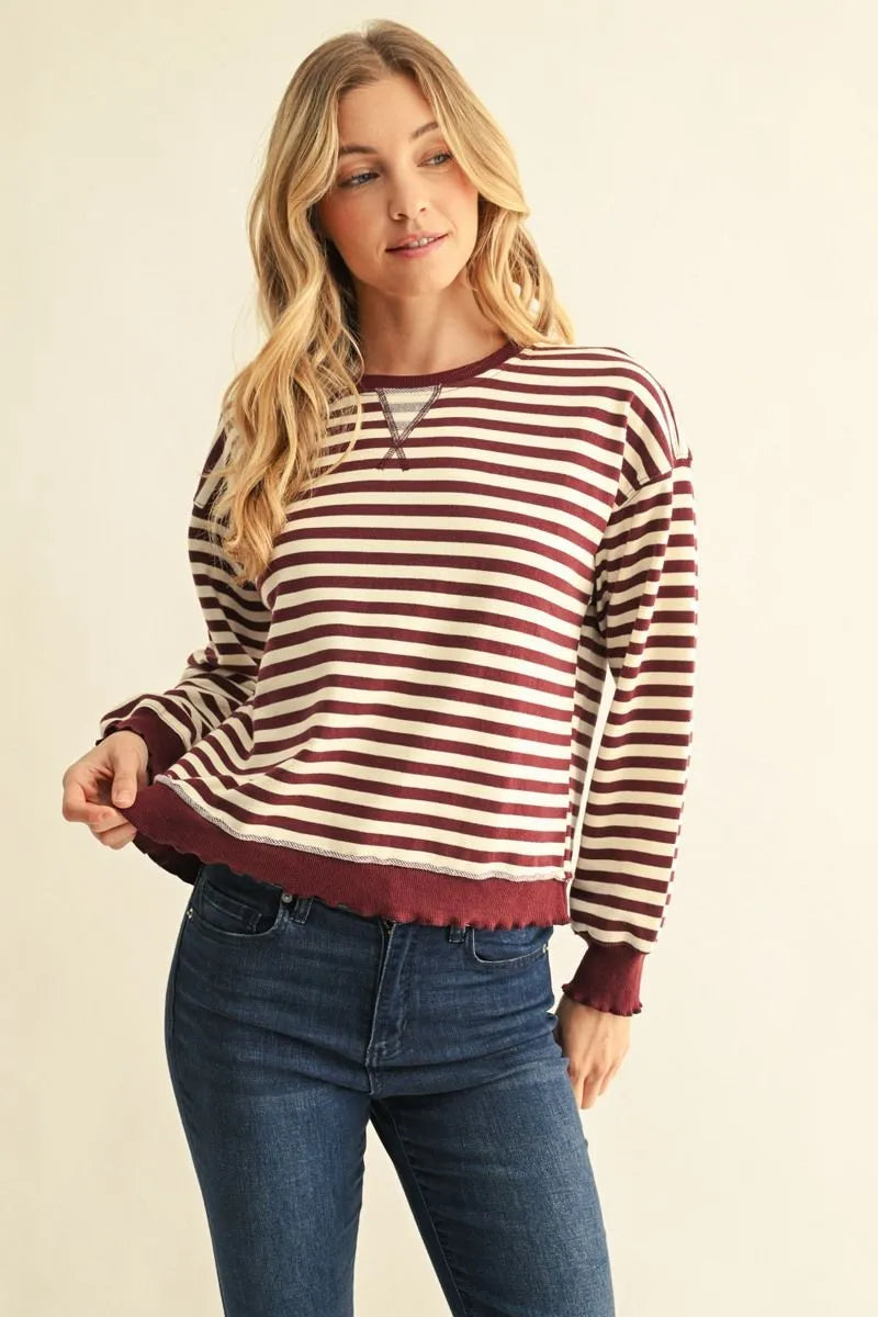 Burgundy Striped Sweatshirt with maroon cuffs, available in sizes XS-XL.