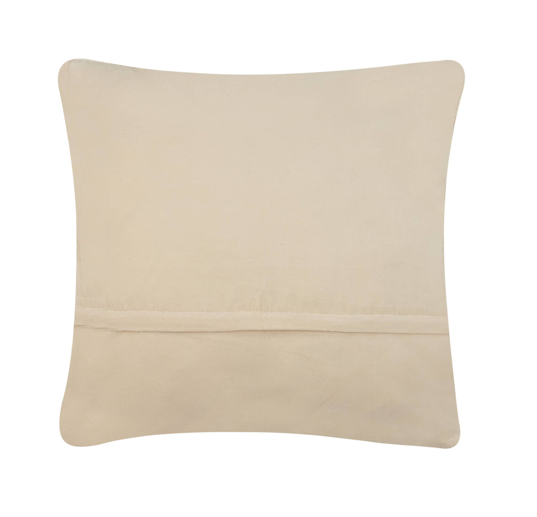 The Ornament Square Hook Pillow is a square beige wool pillow with a horizontal seam near the bottom and gently rounded corners. Available in one size: 18″ x 18″.