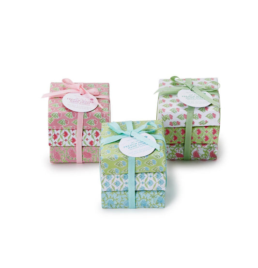 This product includes three Floral Block Wrapped Soaps. Each soap features an intricate floral block print pattern and is tied with a matching ribbon and personalized tag. The soaps are available in standard size.
