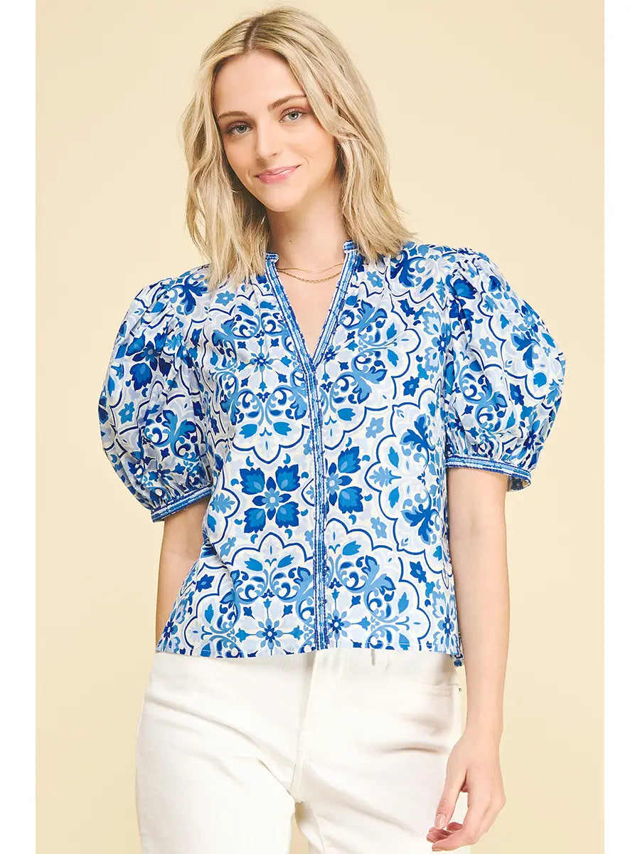 Damask V-Neck Balloon Sleeve Blouse