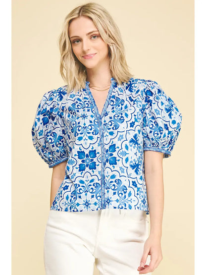 Damask V-Neck Balloon Sleeve Blouse