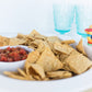 Chip and Dip Platter Pinstripes: Durable platter with pinstripe design, includes large section for tortilla chips and smaller attached bowl for salsa. Available in standard size.