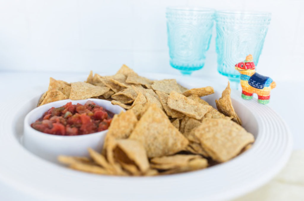 Chip and Dip Platter Pinstripes: Durable platter with pinstripe design, includes large section for tortilla chips and smaller attached bowl for salsa. Available in standard size.