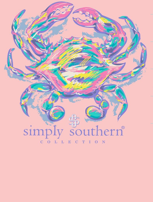 Colorful abstract illustration of a Crab Lotus with vibrant brush strokes on a soft pink background, featured on a 100% cotton short sleeve shirt, accompanied by the text "Simply Southern Collection" at the bottom.