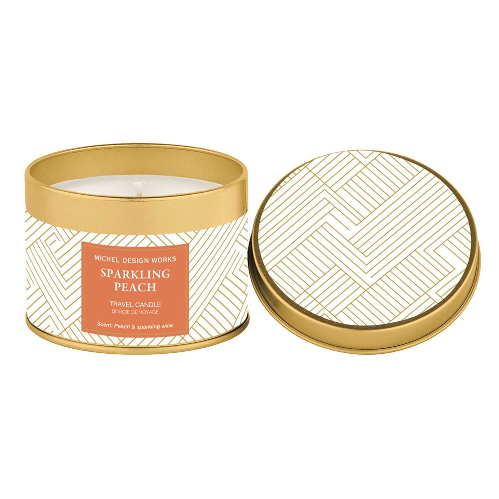 Gold and white Sparkling Peach soy-blend travel candle tin with geometric label; available in 4 oz and 8 oz sizes.