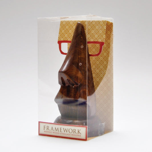 Wooden nose-shaped eyeglass holder in a clear gift box; available in small, medium, and large sizes.
