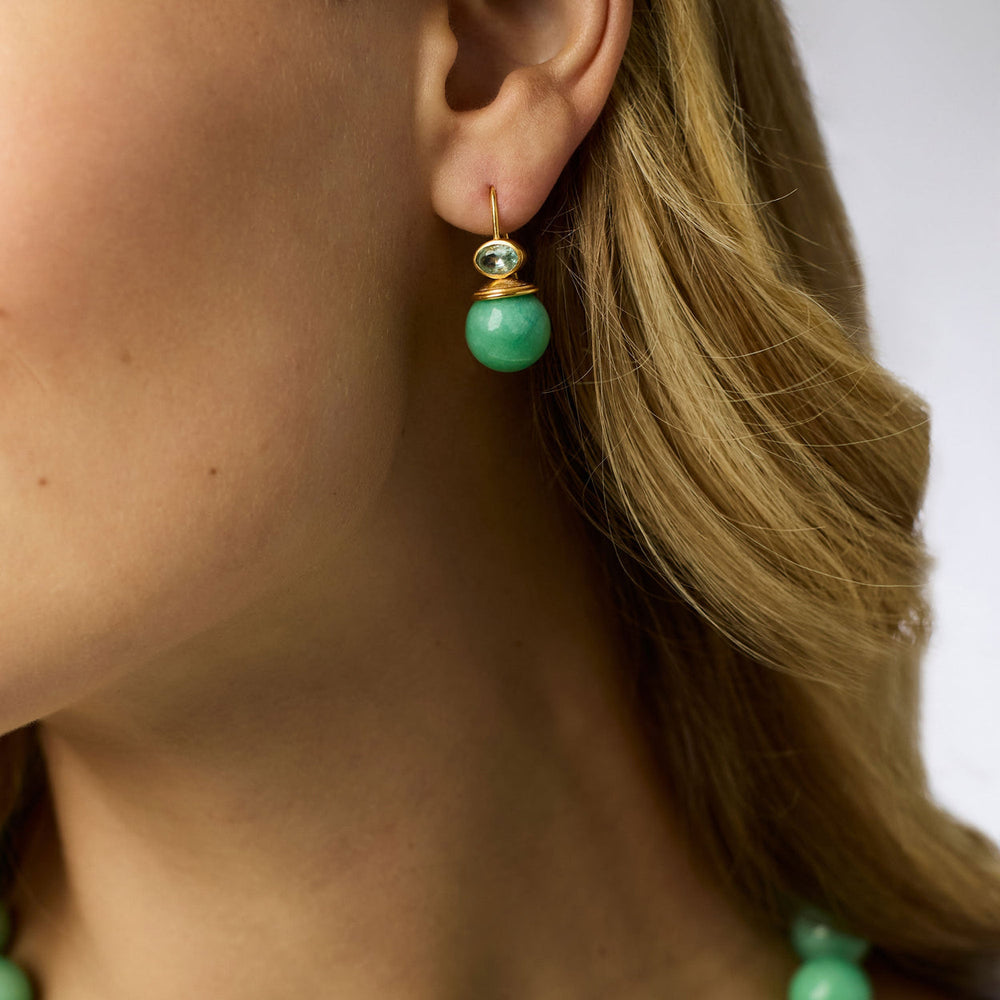 Portofino Demi gold-plated drop earring with round jade and pale blue oval stone.