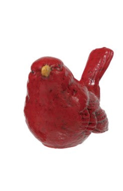 Hand-painted embossed ceramic bird figurine, red and yellow with yellow beak.