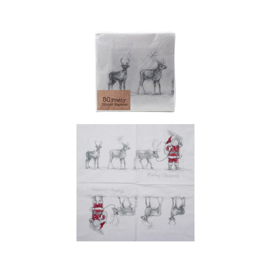 Paper Napkins with Santa and Reindeer featuring a pencil-style sketch of Santa Claus pulling a sled with reindeer and the text “Merry Christmas.”.