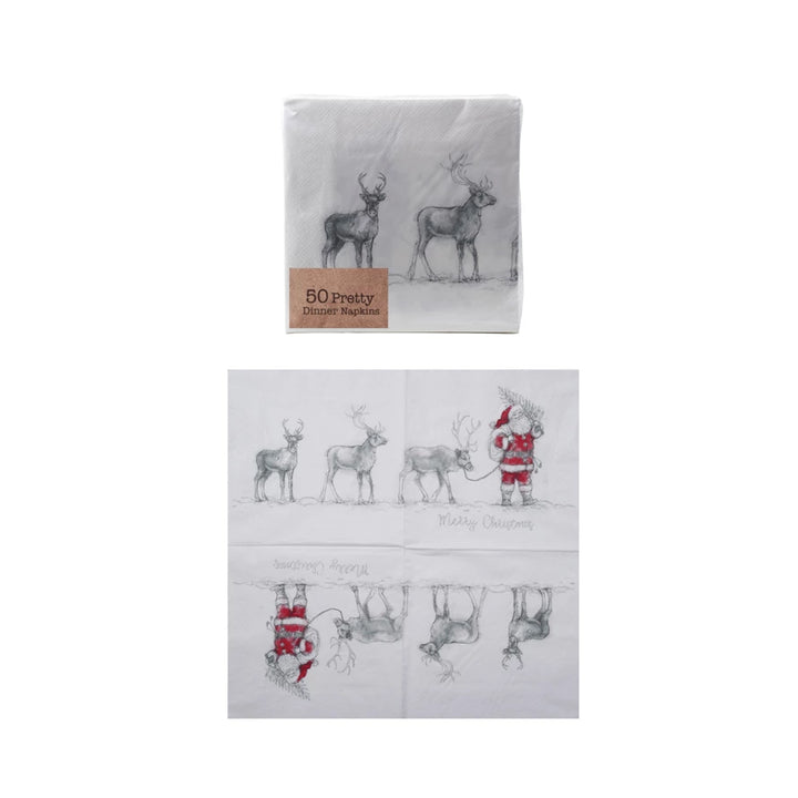 Paper Napkins with Santa and Reindeer featuring a pencil-style sketch of Santa Claus pulling a sled with reindeer and the text “Merry Christmas.”.